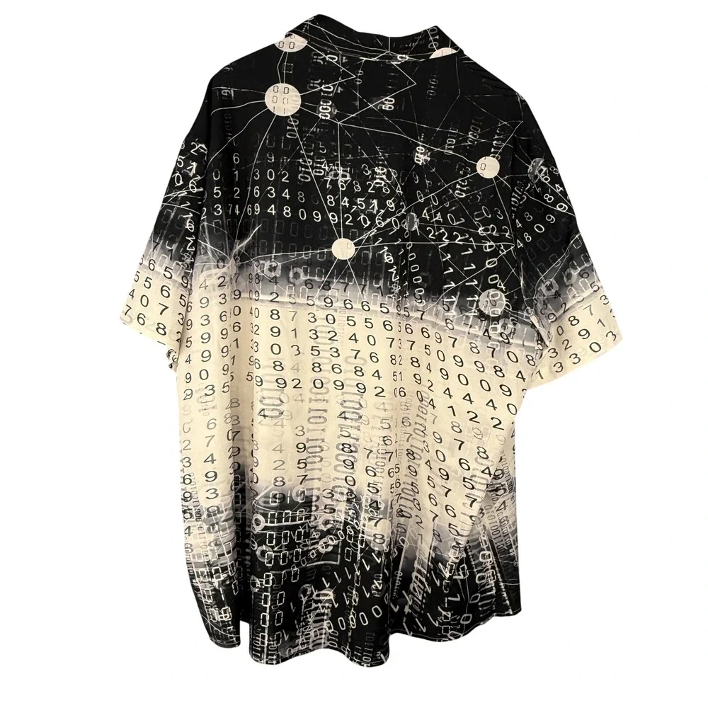 Y2K Math Button Down Shirt 3XL Digital Matrix Binary Code Print Short Sleeve